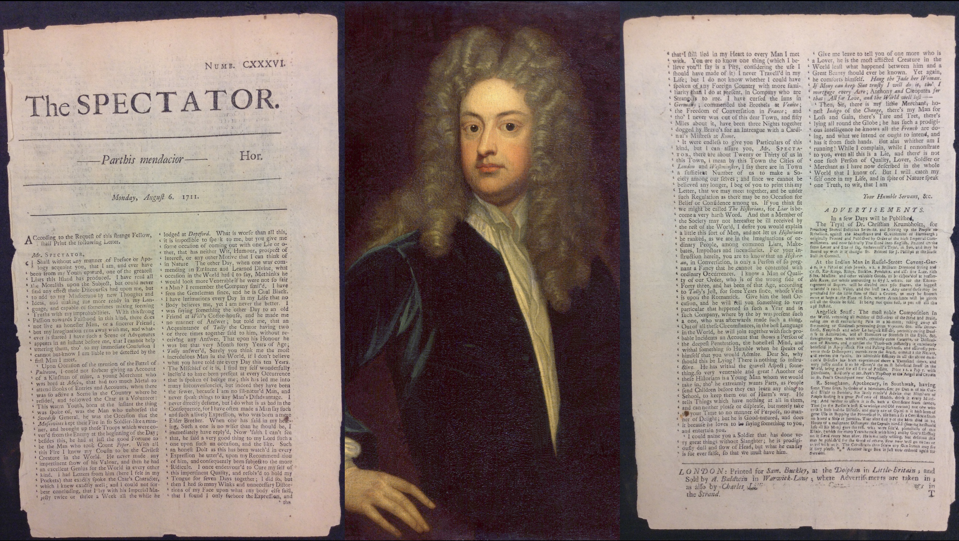 Joseph Addison by Sir Godfrey Kneller. Digital reproductions of The Spectator. Sources: Fales Library, Wikimedia Commons